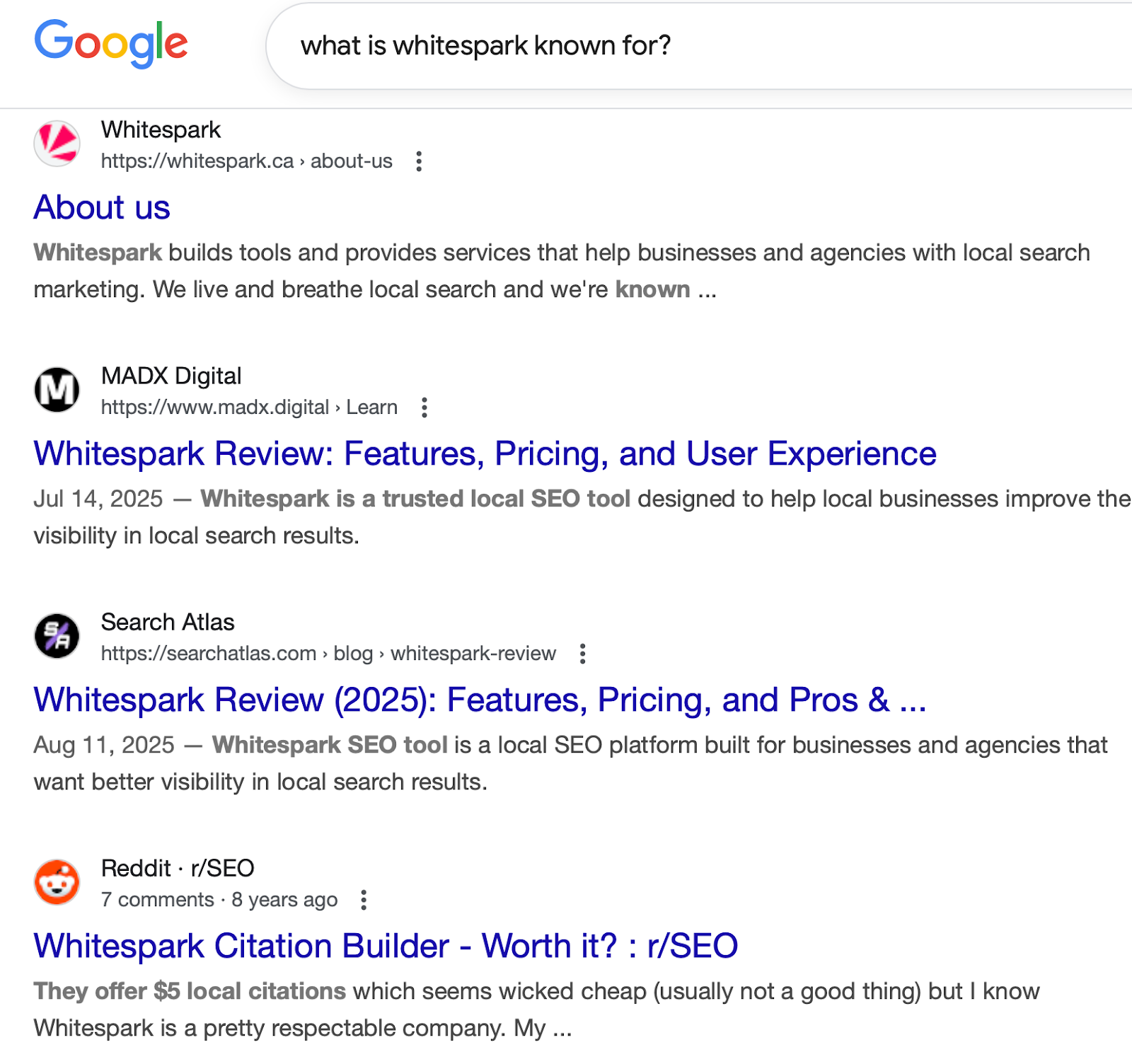 search research of whitespark - showing what comes up across the first 5 google organic search results