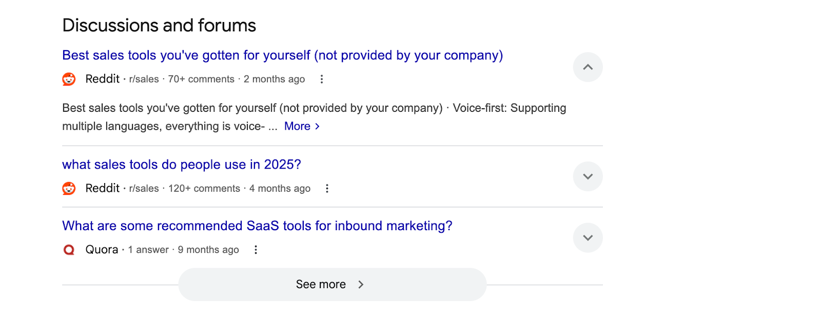Example of Reddit forum topics for Sales inbound tools - showing the importance of reddit mentions