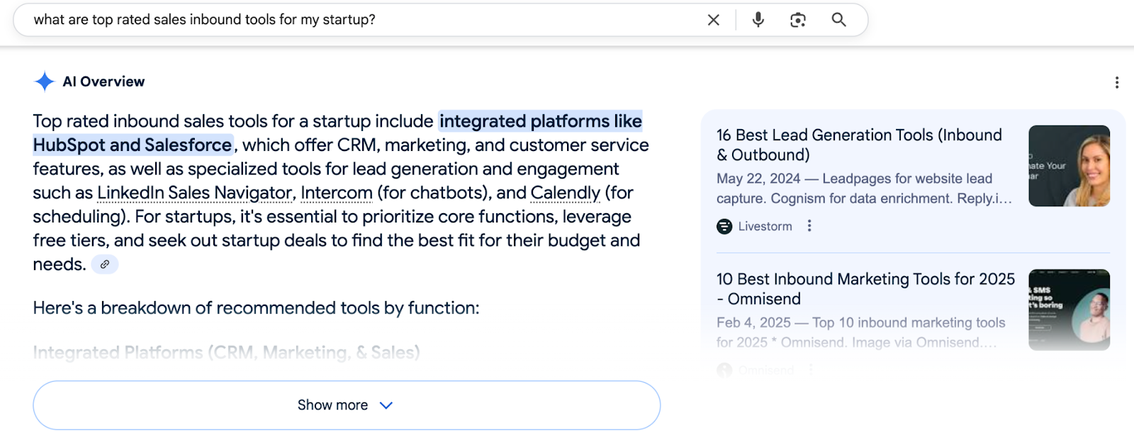 Example of AI Overview for local search for a sales inbound tools