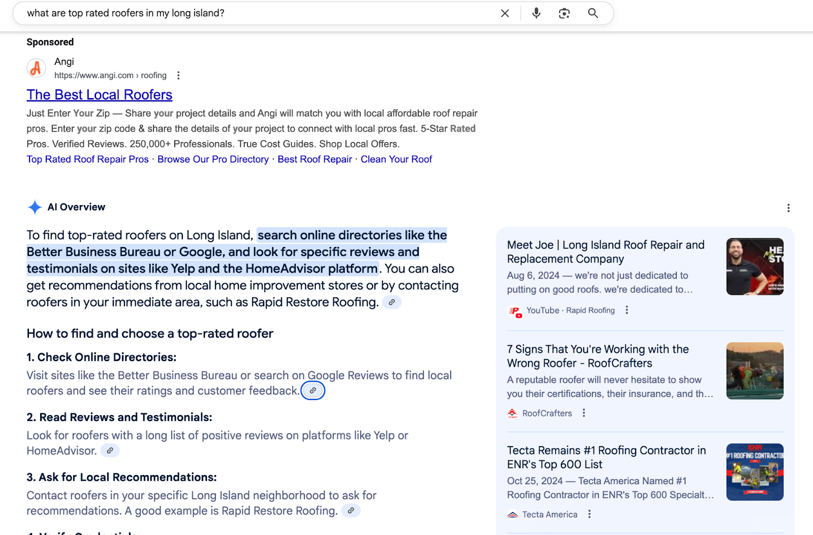 Example of AI Overview for local search for a roofer in Long Island NY