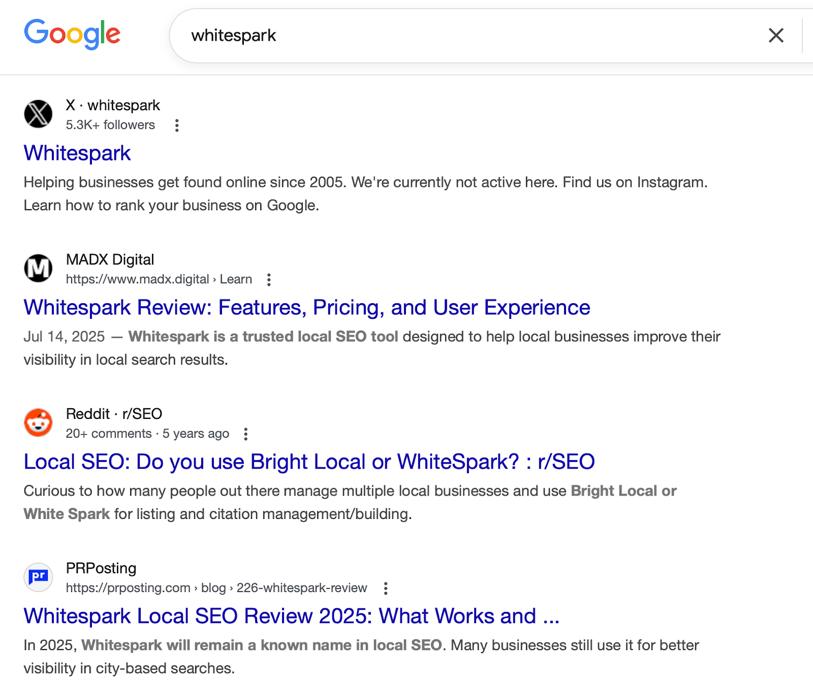 search research of "whitespark" - showing what comes up across the first 5 google organic search results
