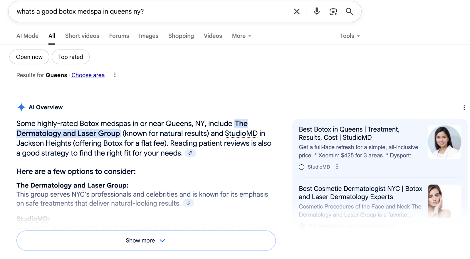 Example of AI Overview for local search for a medspa