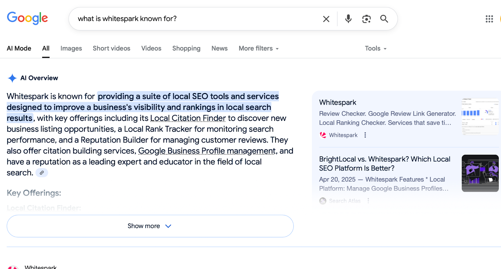 Example of AI Overview for a tool called Whitespark