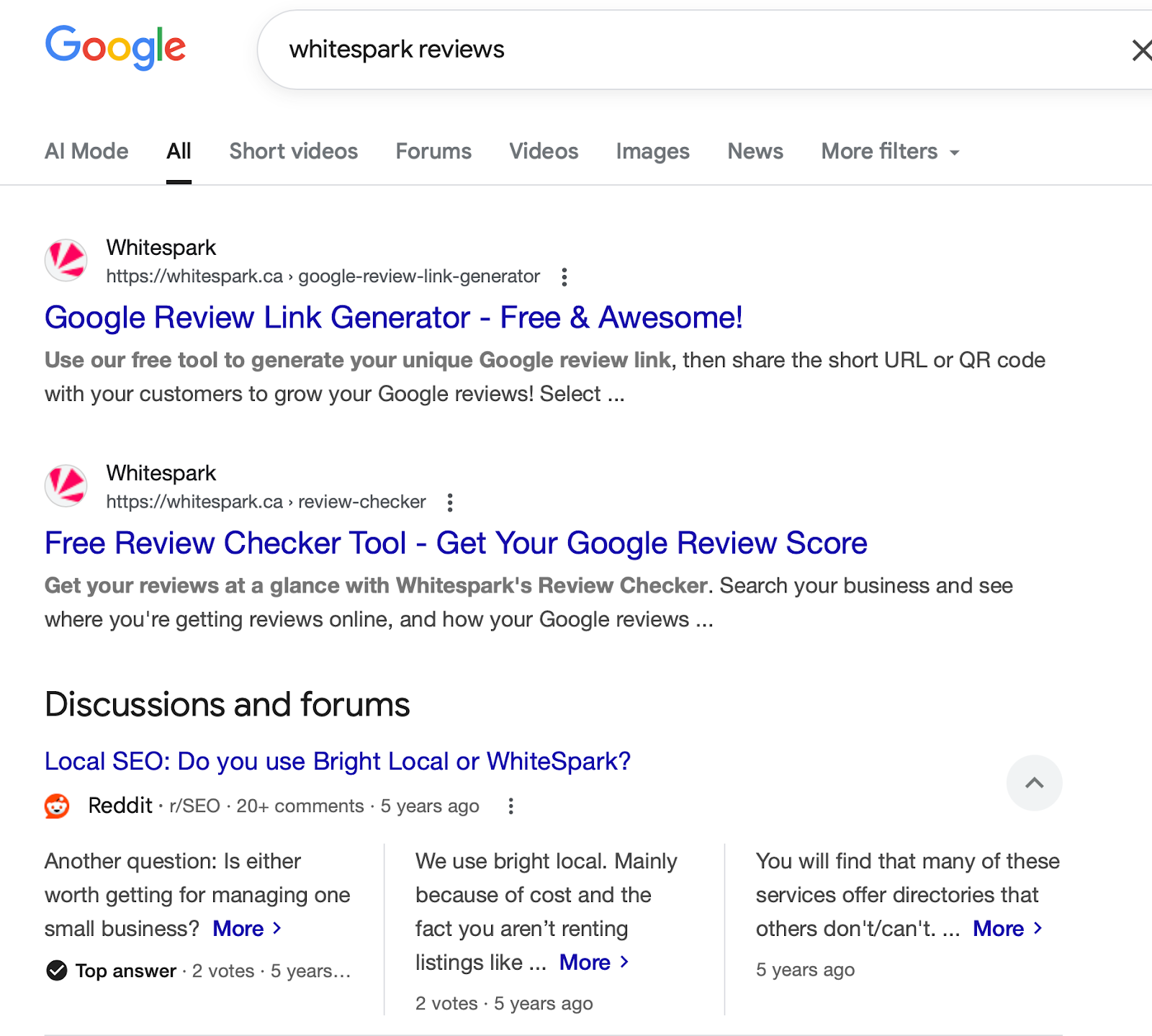 search research of "whitespark reviews" - showing what comes up across the first 5 google organic search results